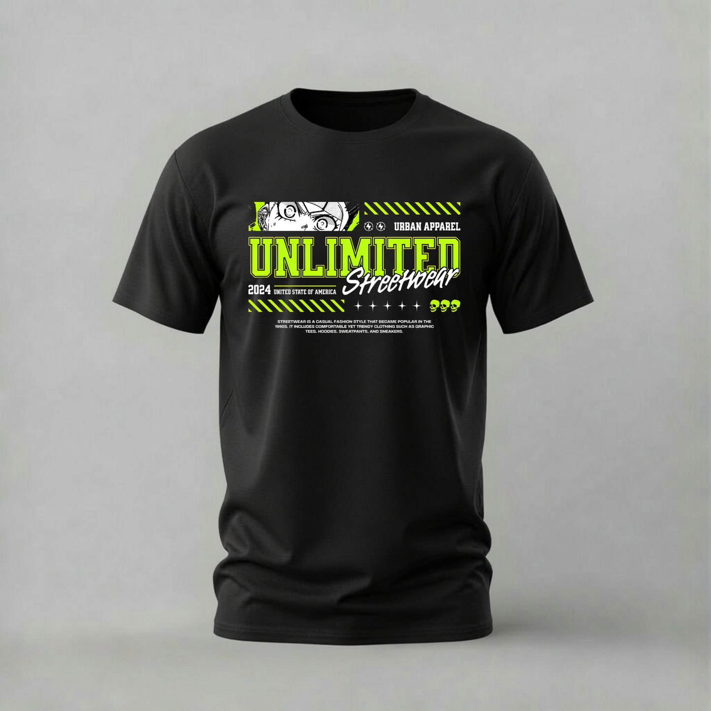 A black short-sleeve crewneck t-shirt with a graphic print on the chest. The graphic features a white sketch of a motorcycle, the text 'UNLIMITED Streetwear' in bright yellow and white, and 'URBAN APPAREL' at the top, set against a solid gray background.