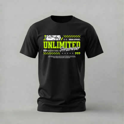 A black short-sleeve crewneck t-shirt with a graphic print on the chest. The graphic features a white sketch of a motorcycle, the text 'UNLIMITED Streetwear' in bright yellow and white, and 'URBAN APPAREL' at the top, set against a solid gray background.