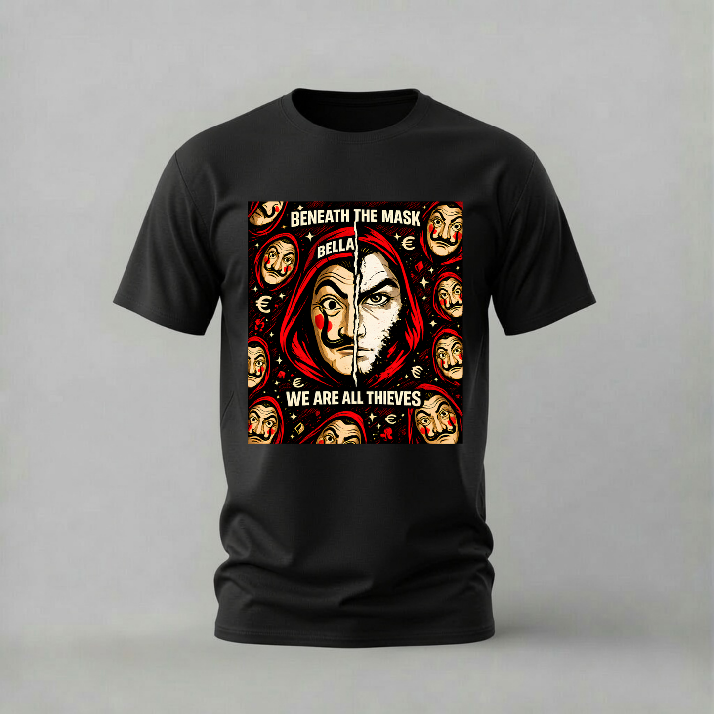 A black short-sleeve crewneck t-shirt with a large graphic print on the front, displayed against a neutral gray background.