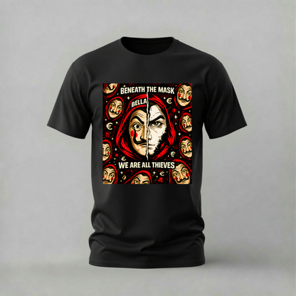 A black short-sleeve crewneck t-shirt with a large graphic print on the front, displayed against a neutral gray background.