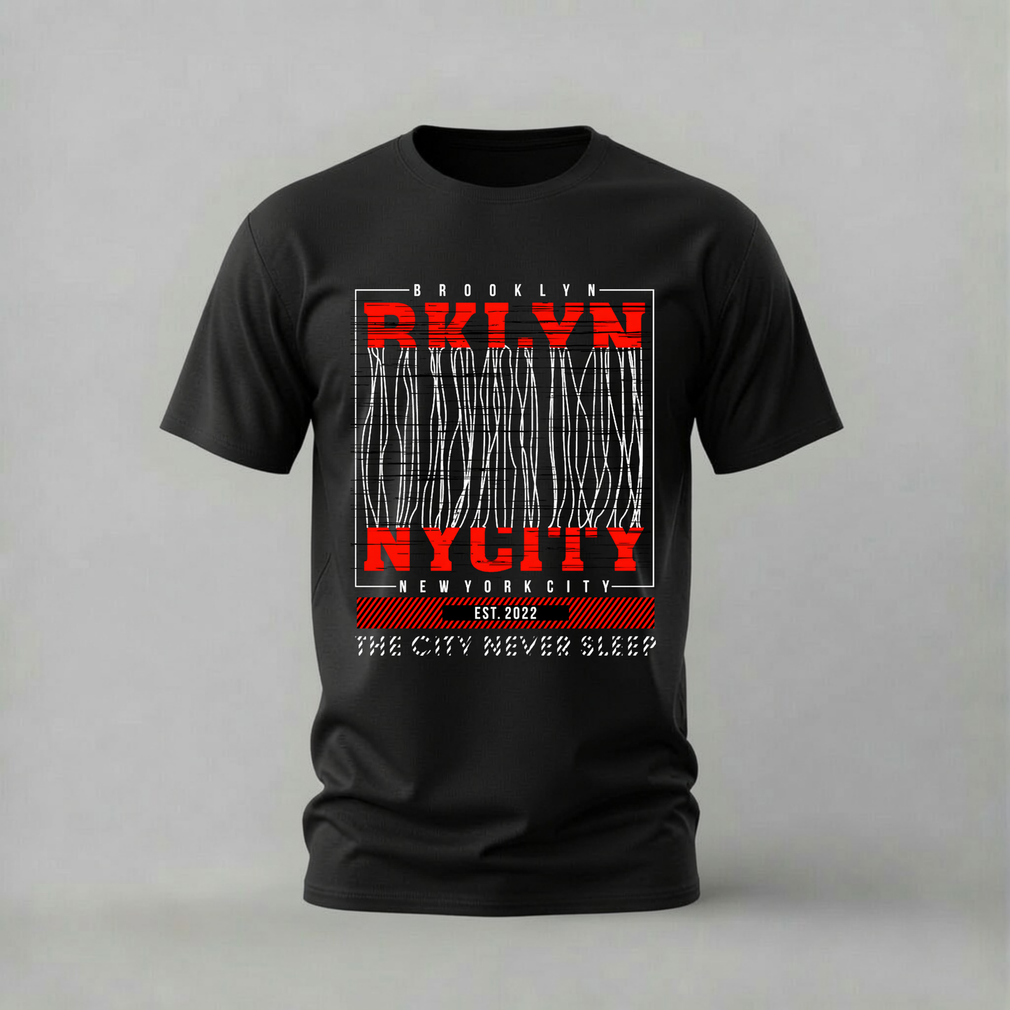 A black short-sleeve crewneck t-shirt with a red and white graphic print on the front reading 'Brooklyn NYC New York City' and 'The City Never Sleep'.