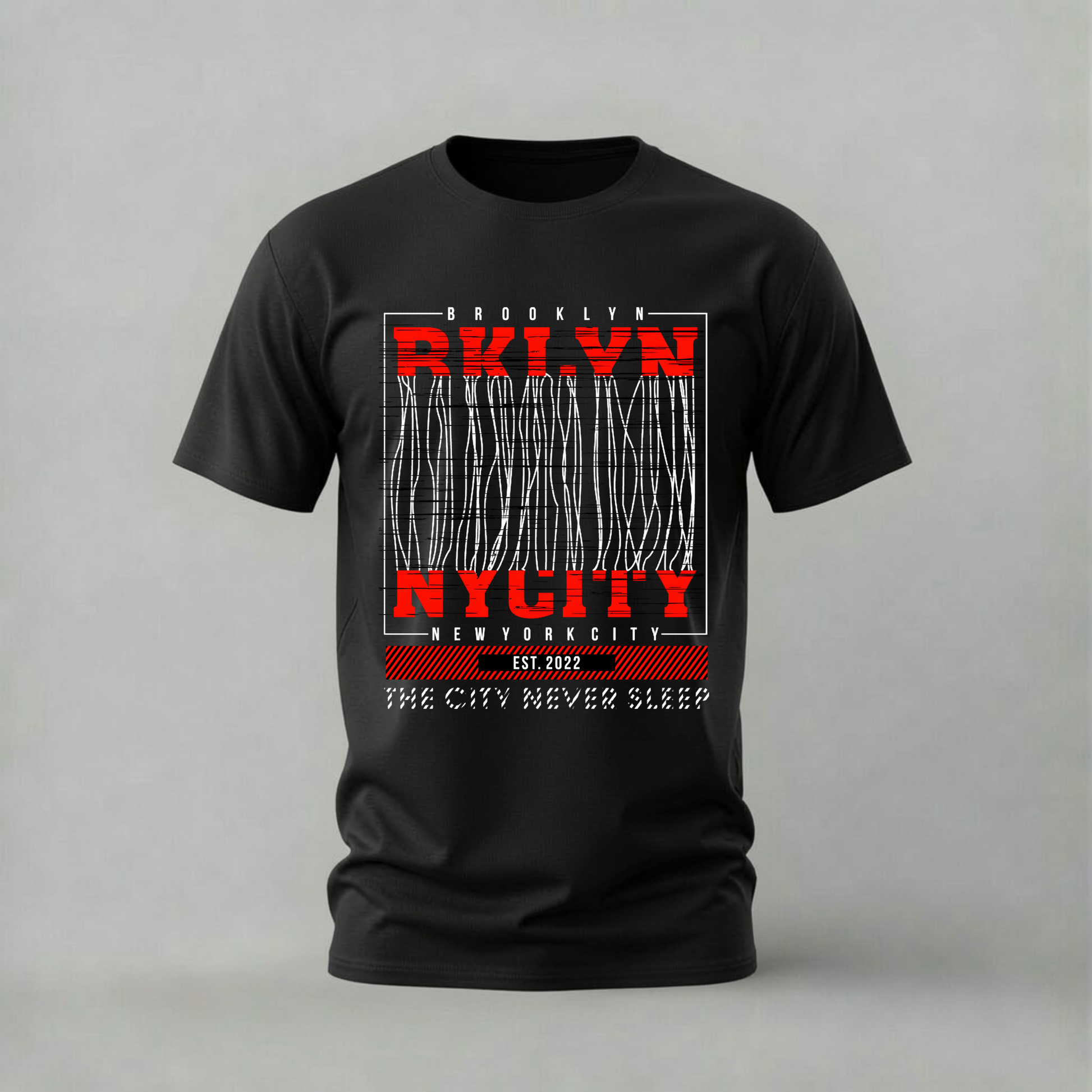 A black short-sleeve crewneck t-shirt with a red and white graphic print on the front reading 'Brooklyn NYC New York City' and 'The City Never Sleep'.