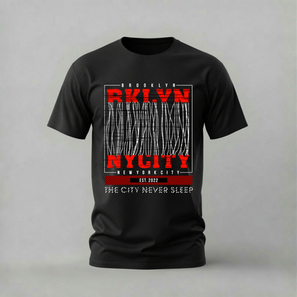 A black short-sleeve crewneck t-shirt with a red and white graphic print on the front reading 'Brooklyn NYC New York City' and 'The City Never Sleep'.