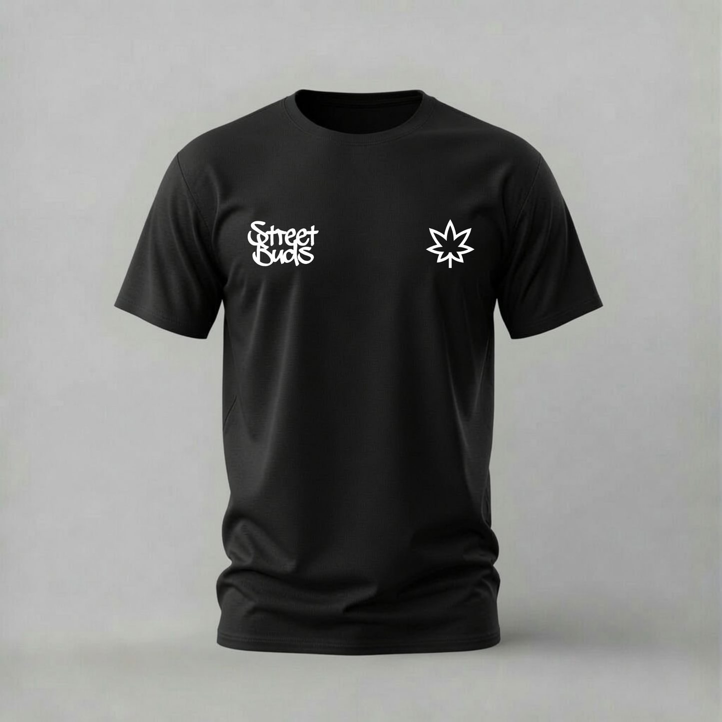 A black short-sleeve crewneck t-shirt with white printed graphics on the chest, displayed on a neutral gray background.