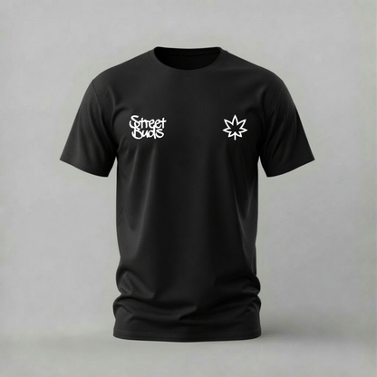 A black short-sleeve crewneck t-shirt with white printed graphics on the chest, displayed on a neutral gray background.