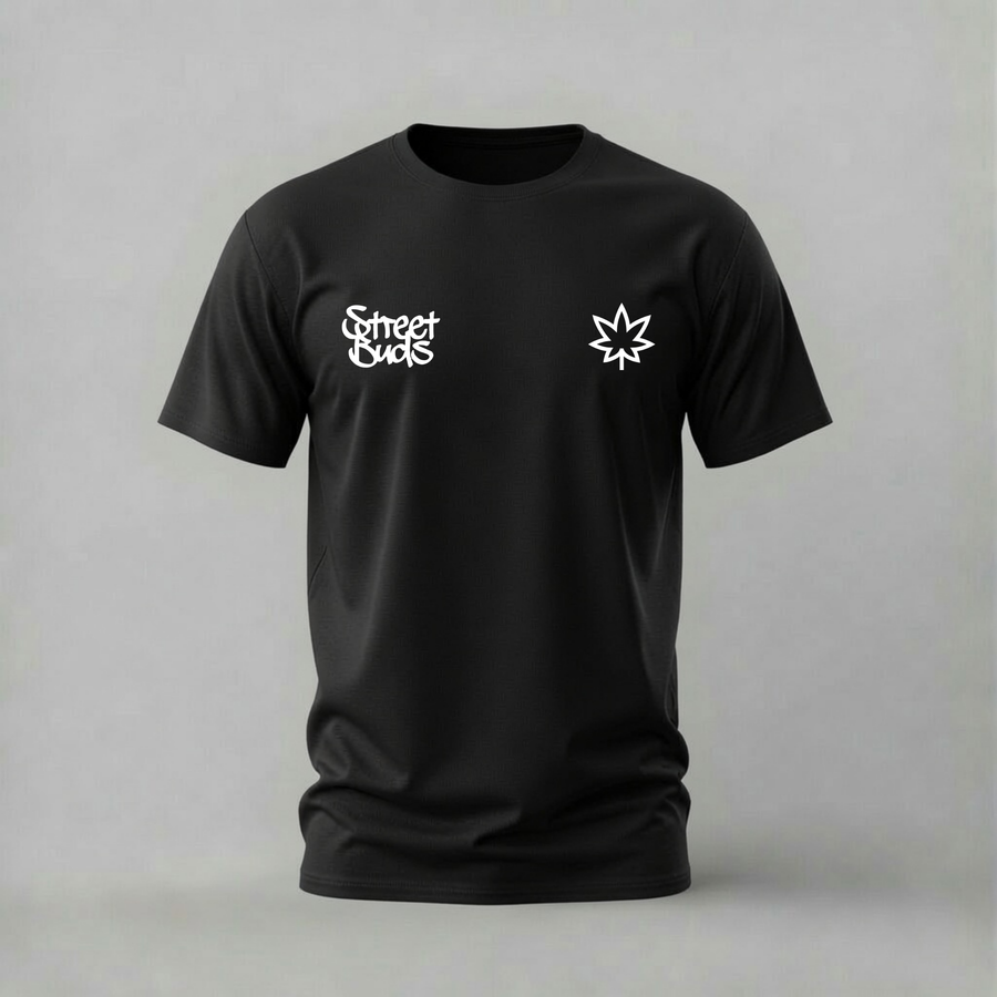 A black short-sleeve crewneck t-shirt with white printed graphics on the chest, displayed on a neutral gray background.