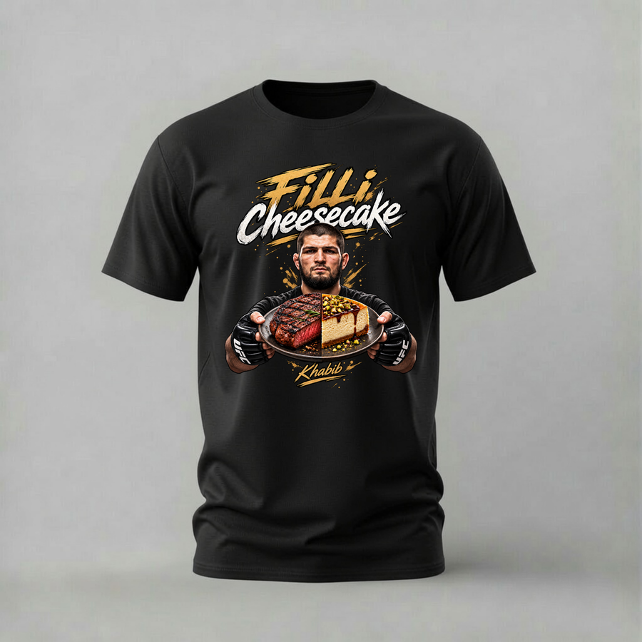 A black short-sleeve graphic t-shirt featuring a printed illustration of a man holding a cheesecake with the text 'Filli Cheesecake' and 'Khadija' below, displayed against a neutral gray background.