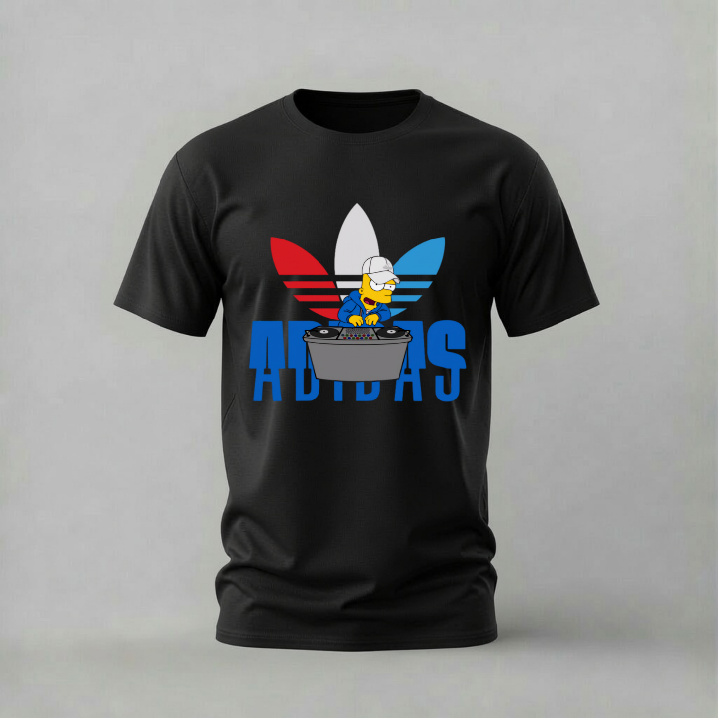 A black short-sleeve t-shirt featuring a Simpsonized Adidas trefoil logo with Bart Simpson in a pot, and the word 'ADIDAS' in blue below, shown against a neutral gray background.