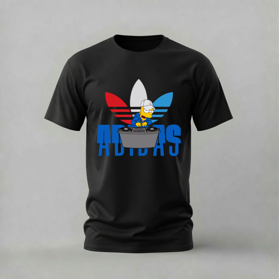 A black short-sleeve t-shirt featuring a Simpsonized Adidas trefoil logo with Bart Simpson in a pot, and the word 'ADIDAS' in blue below, shown against a neutral gray background.