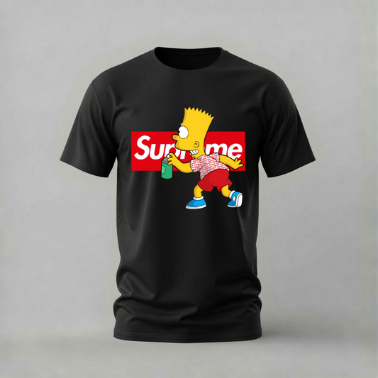 A black short-sleeve t-shirt featuring a graphic print of Bart Simpson in a running pose over a red Supreme box logo, displayed on a neutral gray background.