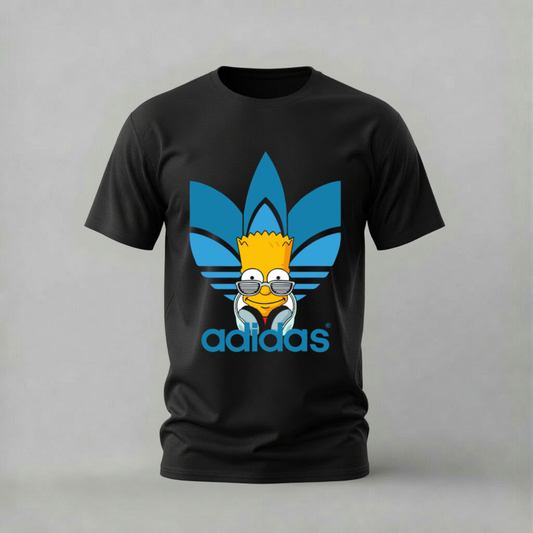A black short-sleeve t-shirt featuring a parody graphic of Bart Simpson wearing sunglasses and headphones, styled like the Adidas trefoil logo with the word 'adidas' printed below in blue, set against a plain gray background.