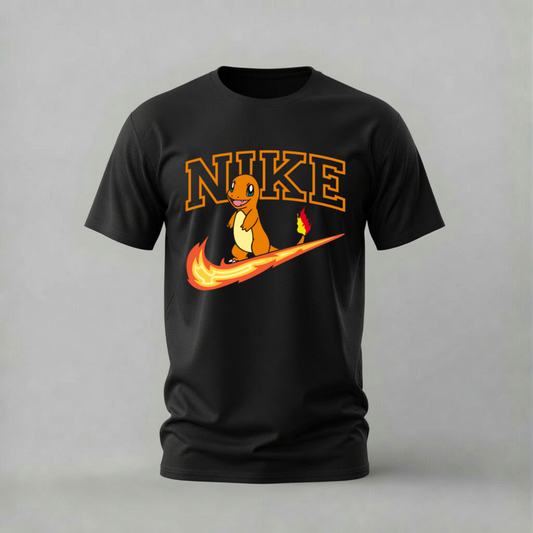 A black short-sleeve t-shirt featuring a parody graphic of Charmander riding a flame Nike swoosh under the word 'NIKE' in orange varsity lettering, displayed on a neutral gray background.