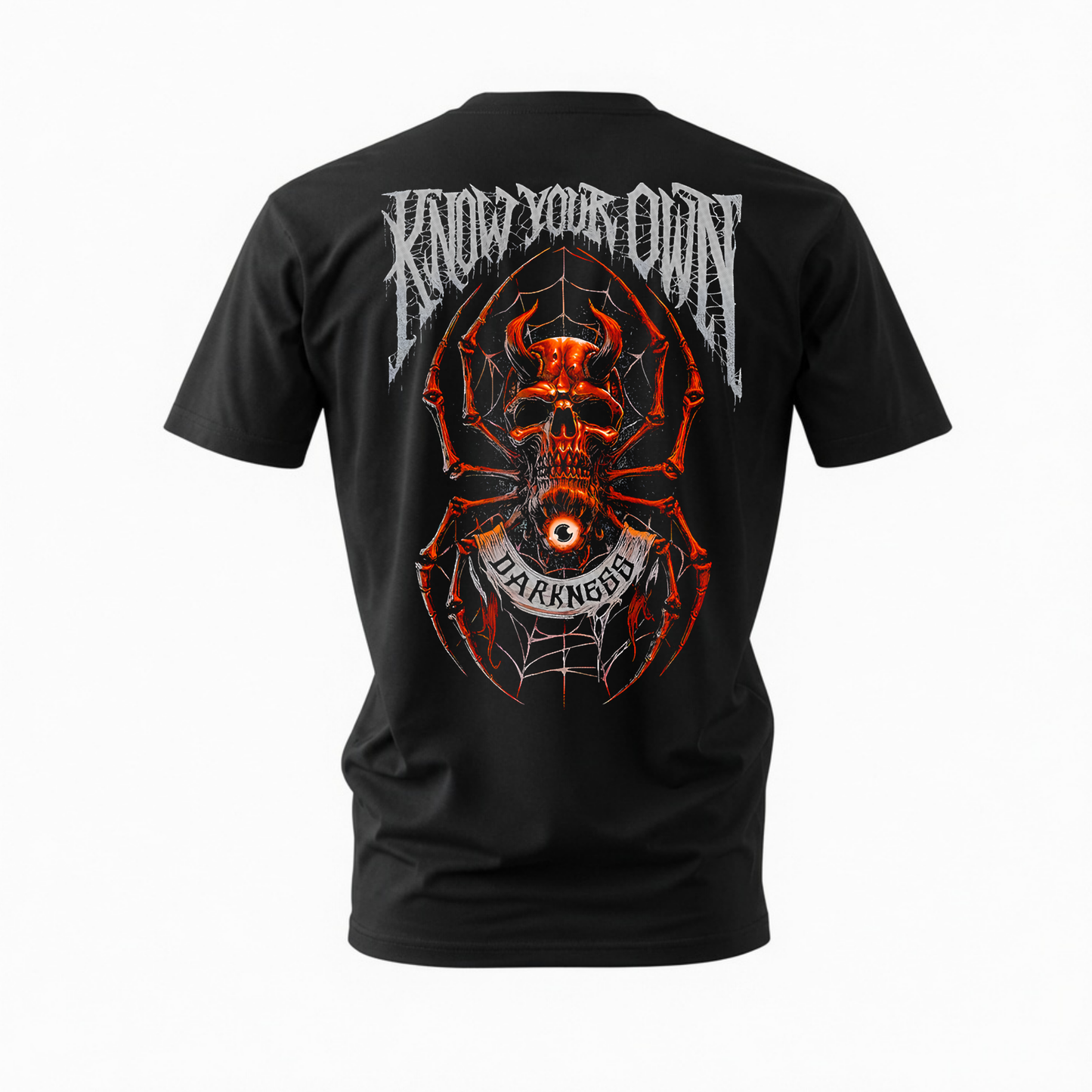 A black short-sleeve t-shirt shown from the back, featuring a large graphic print of a red and orange spider with a skull inside its body, web details, and the text 'KNOW YOUR OWN DARKNESS' in white and red.