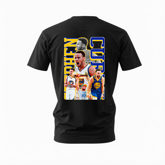 A black short-sleeve t-shirt shown from the back, featuring a large graphic print of basketball player Stephen Curry in multiple action poses with 'JOHN' and 'CURRY' written in bold yellow and blue text.