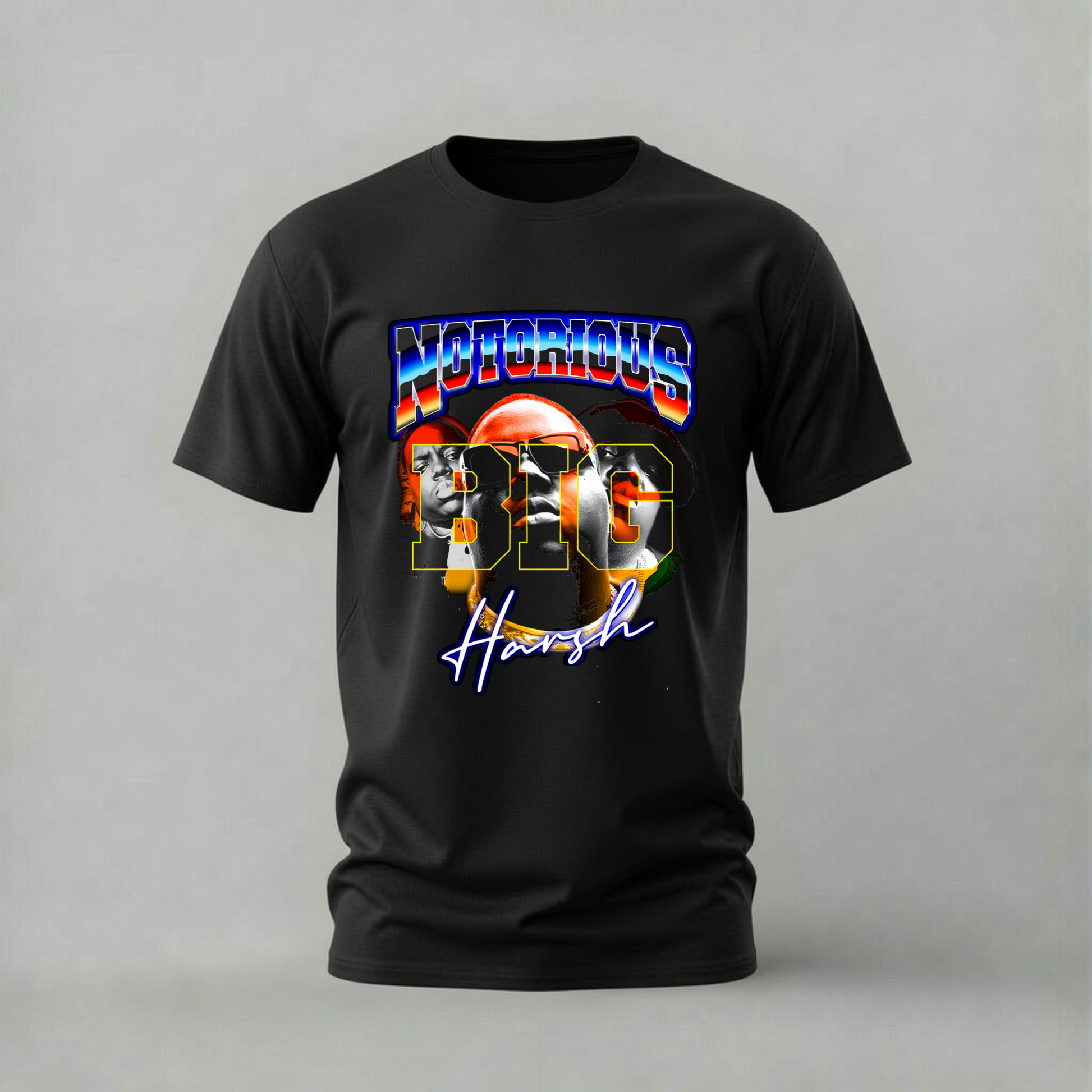 A black short-sleeve t-shirt with a colorful graphic print on the front featuring the text 'NOTORIOUS' in blue and red, a football player, the number '33', and 'Harrish' in white script, shown against a neutral gray background.
