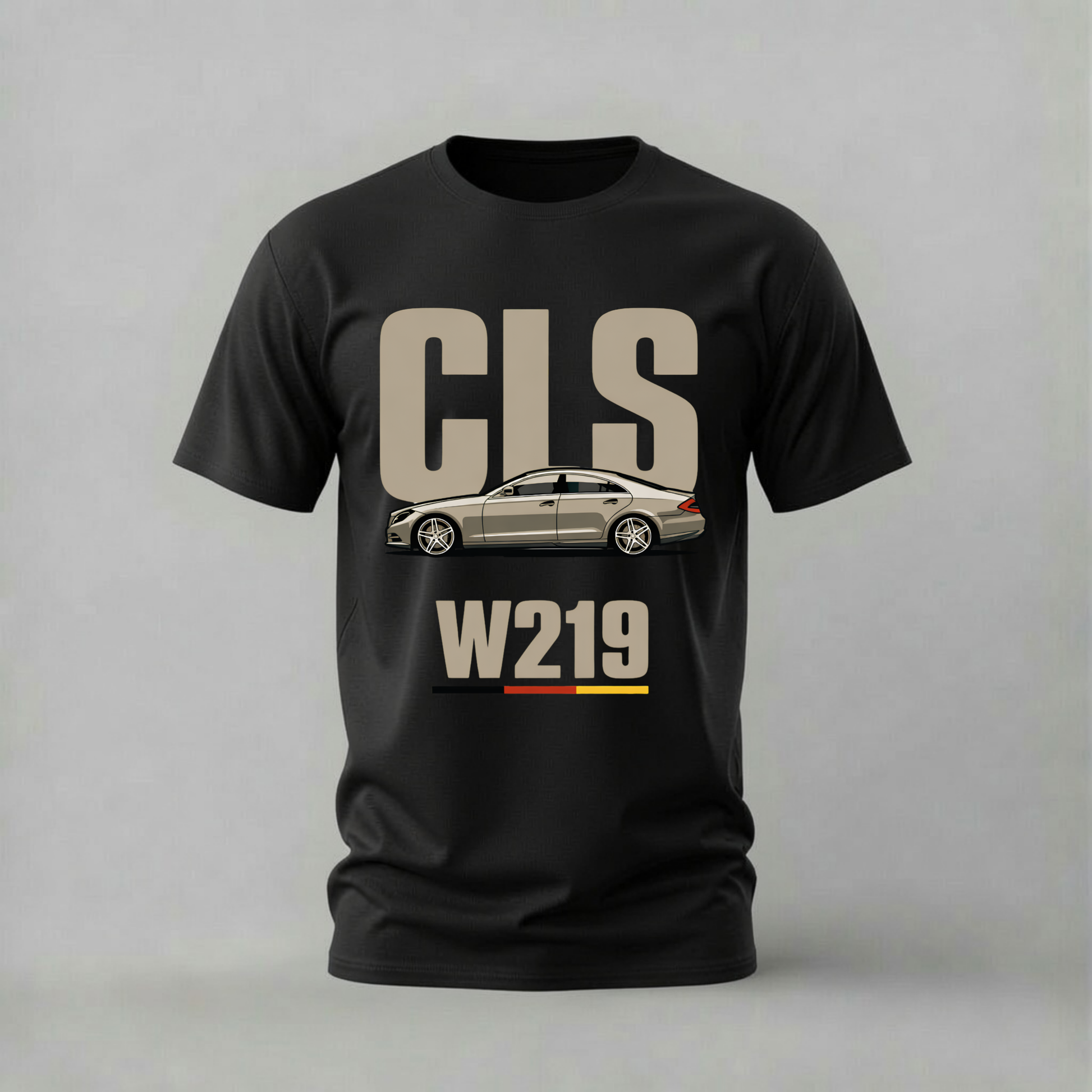 A black short-sleeve t-shirt with a graphic print featuring the letters 'CLS' in beige, a side profile of a beige sedan, and 'W219' in beige with a small red and yellow accent line, shown against a neutral gray background.