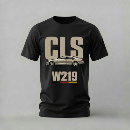 A black short-sleeve t-shirt with a graphic print featuring the letters 'CLS' in beige, a side profile of a beige sedan, and 'W219' in beige with a small red and yellow accent line, shown against a neutral gray background.