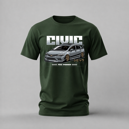 A black short-sleeve t-shirt with a graphic print of a silver Honda Civic car and the word 'CIVIC' in bold white letters, displayed on a neutral gray background.
