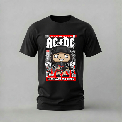 A black short-sleeve t-shirt with a graphic print of the band AC/DC in a chibi cartoon style, featuring red, white, and black colors, set against a plain gray background.