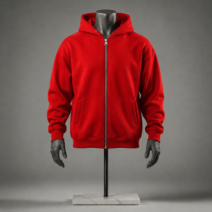 A bright red zip-up hoodie with a front zipper, kangaroo pockets, and a hood, displayed on a black mannequin with a marble base against a gray studio background.