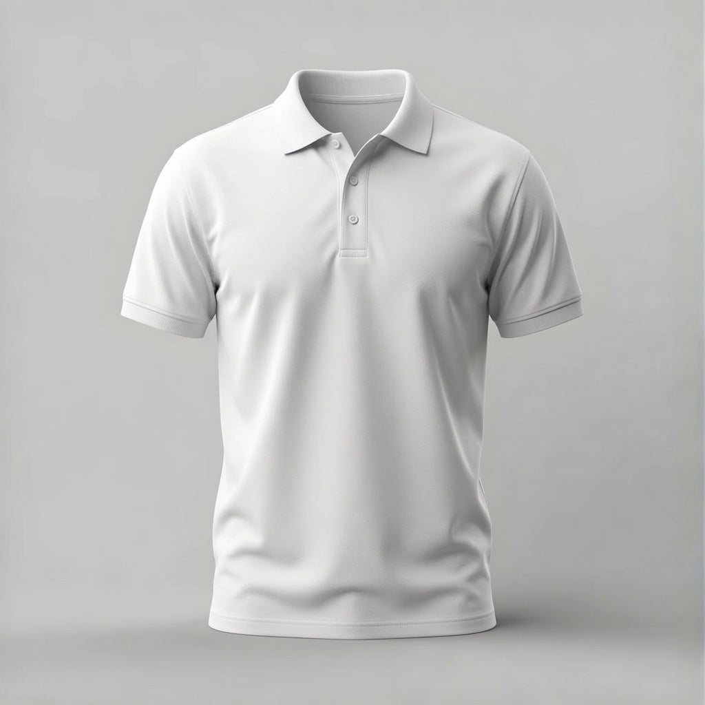 A clean, white short-sleeve polo shirt displayed on an invisible mannequin against a solid light gray background.