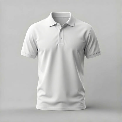A clean, white short-sleeve polo shirt displayed on an invisible mannequin against a solid light gray background.
