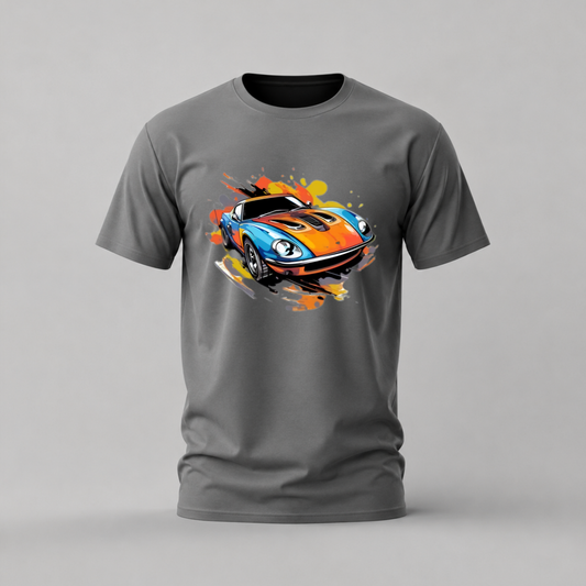 A dark gray crewneck t-shirt featuring a colorful graphic print of a sports car with orange, yellow, and blue paint splatters, displayed on a neutral gray background.