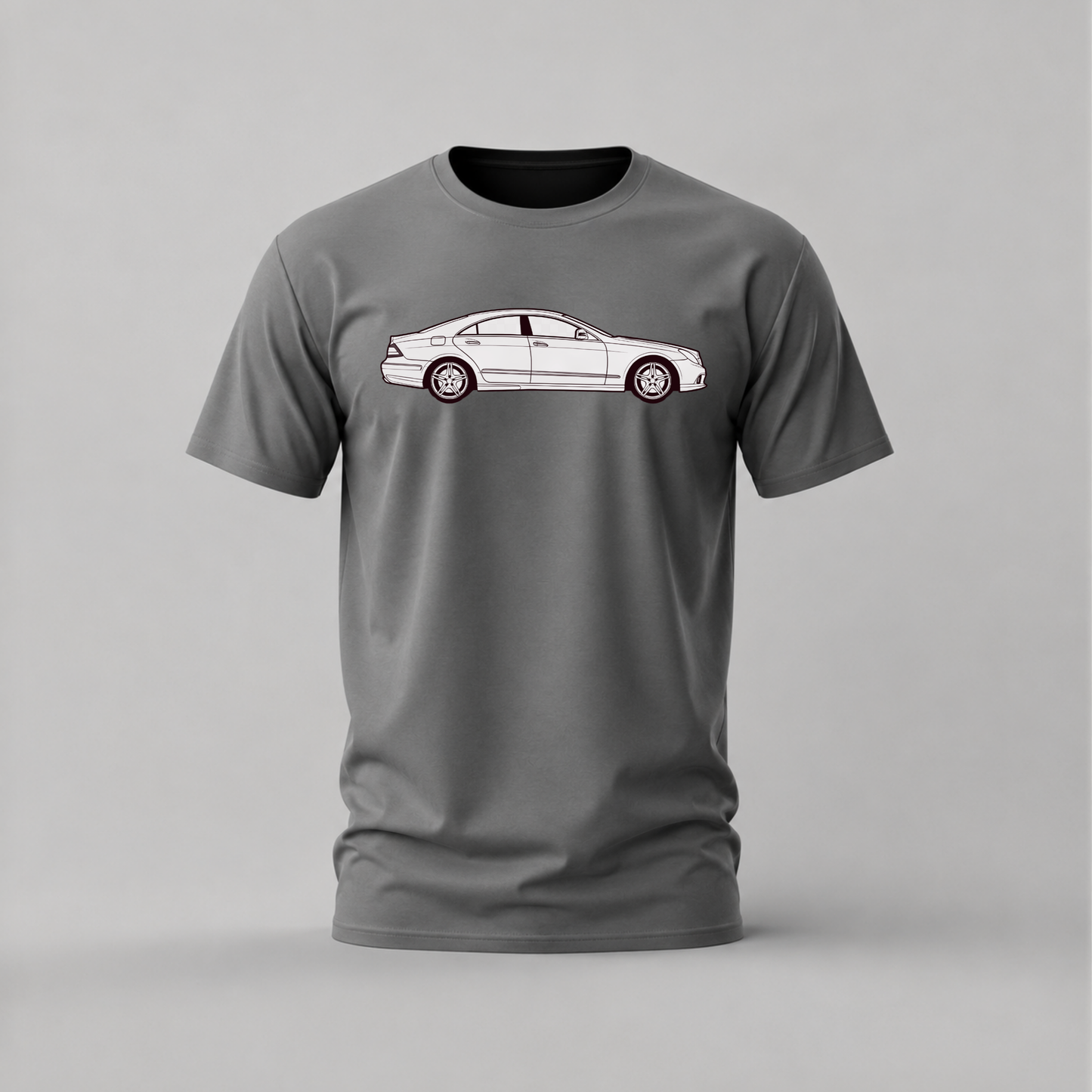 A dark gray short-sleeve crewneck t-shirt featuring a white side-profile graphic of a sedan on the chest, displayed against a neutral light gray background.