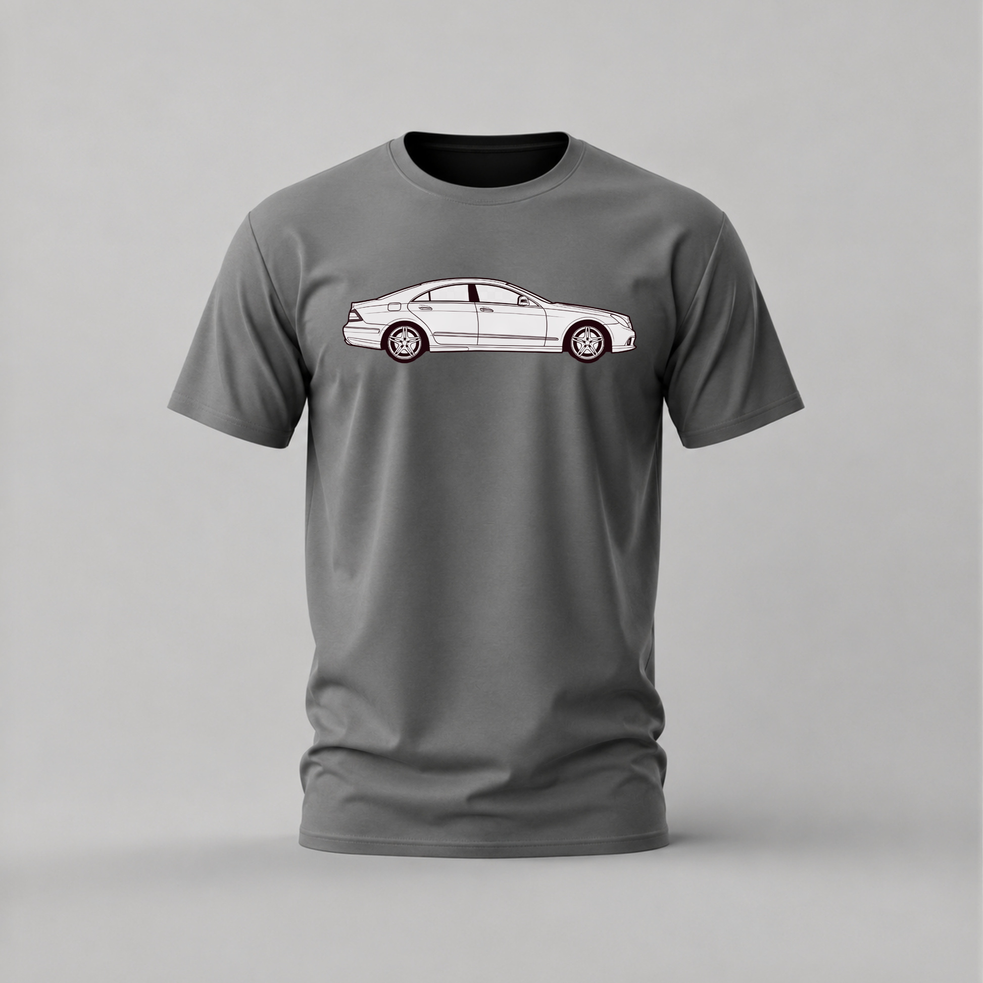 A dark gray short-sleeve crewneck t-shirt featuring a white side-profile graphic of a sedan on the chest, displayed against a neutral light gray background.