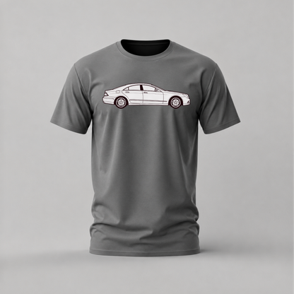 A dark gray short-sleeve crewneck t-shirt featuring a white side-profile graphic of a sedan on the chest, displayed against a neutral light gray background.