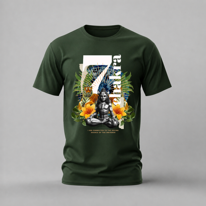 A dark green short-sleeve t-shirt with a large, colorful graphic print on the front featuring a seated figure, yellow flowers, green leaves, and the word 'Tibet' in white text, shown against a neutral gray background.