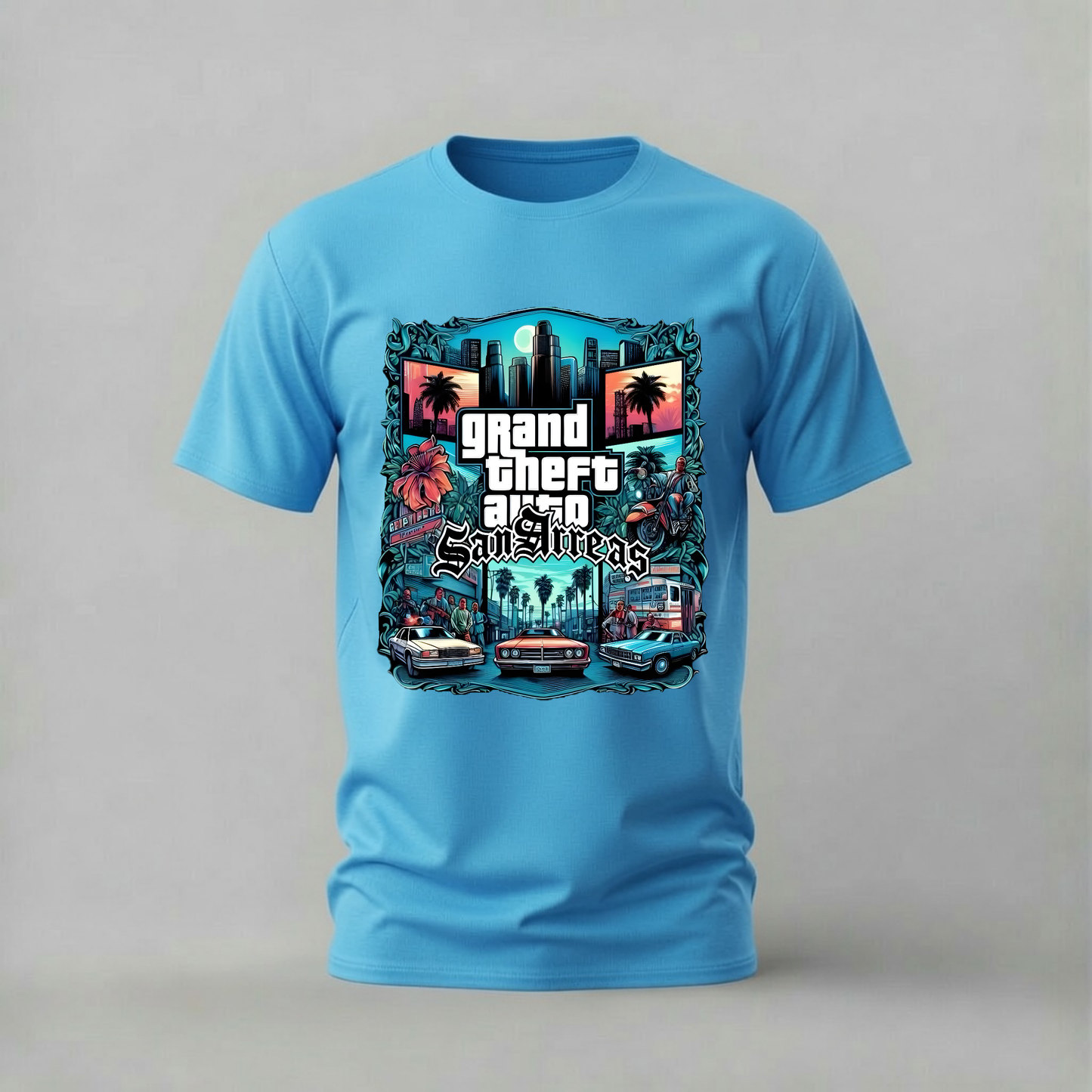 A light blue short-sleeve t-shirt with a large 'Grand Theft Auto San Andreas' graphic print on the front, displayed against a neutral gray background.