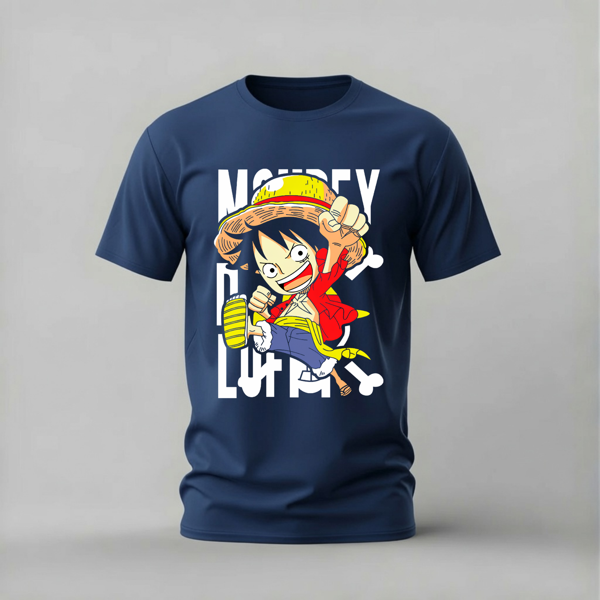 A navy blue short-sleeve t-shirt featuring a cartoon graphic of the character Monkey D. Luffy in front of large white text, displayed on a neutral gray background.