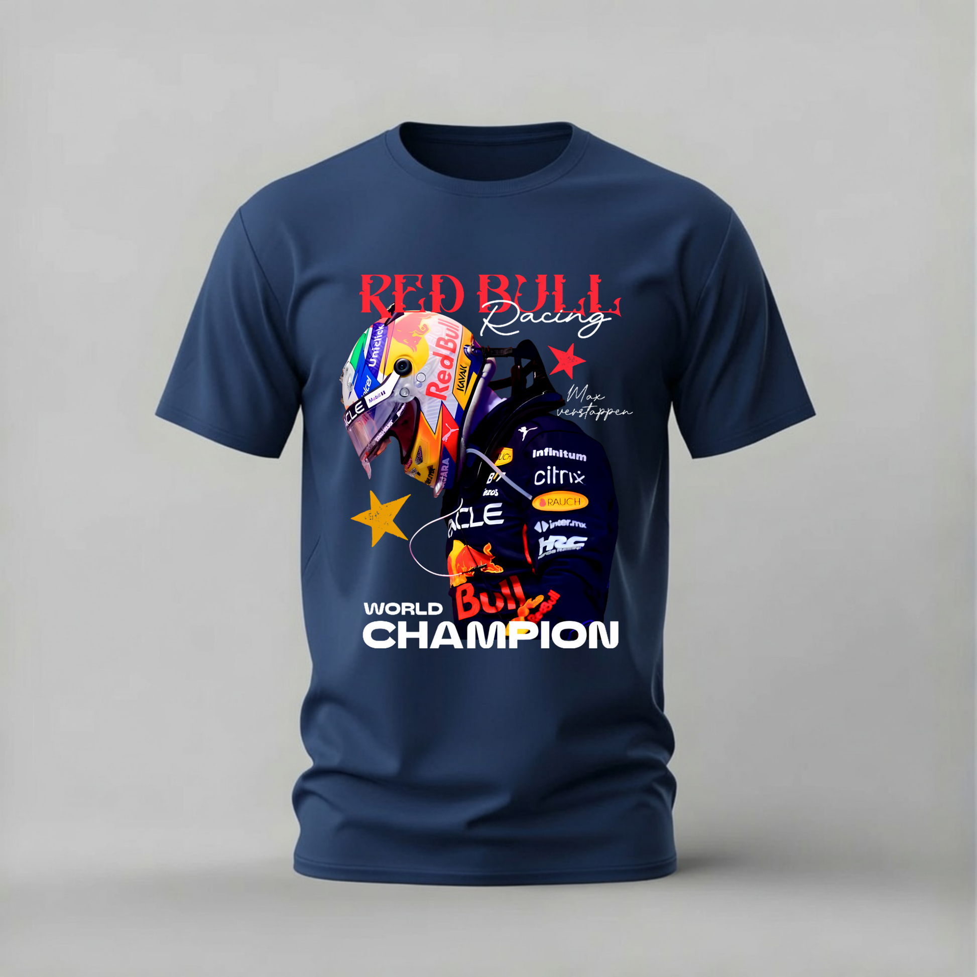 A navy blue short-sleeve t-shirt with a Red Bull Racing World Champion graphic print on the front, displayed against a neutral gray background.