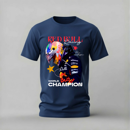 A navy blue short-sleeve t-shirt with a Red Bull Racing World Champion graphic print on the front, displayed against a neutral gray background.
