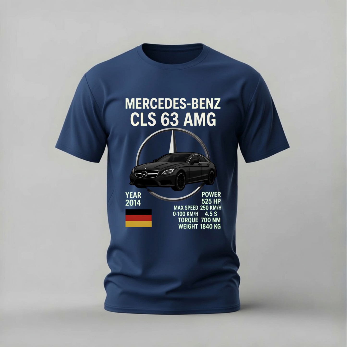 A navy blue short-sleeve t-shirt with a graphic print of a Mercedes-Benz CLA 63 AMG car and specifications, displayed on a neutral gray background.