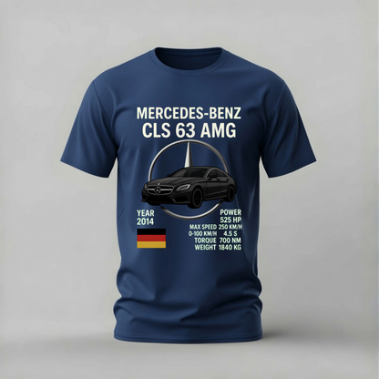 A navy blue short-sleeve t-shirt with a graphic print of a Mercedes-Benz CLA 63 AMG car and specifications, displayed on a neutral gray background.