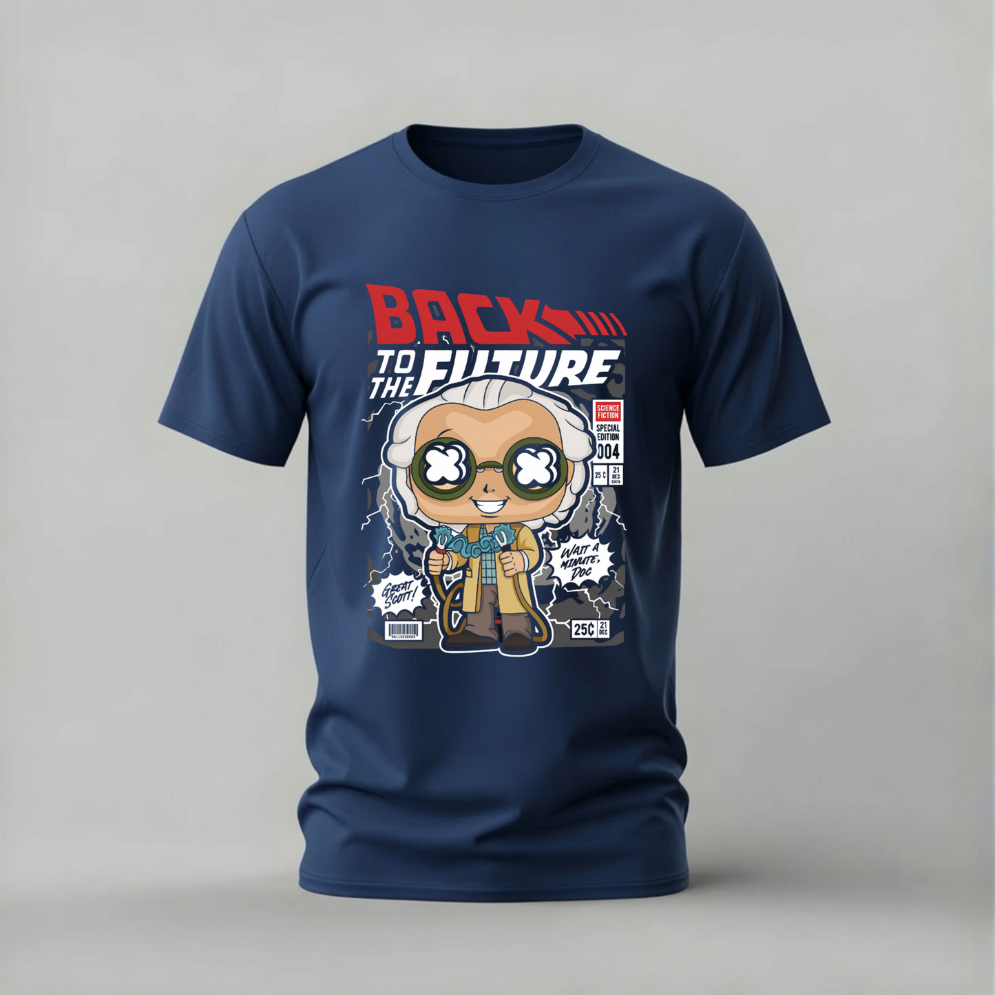 A navy blue short-sleeve t-shirt with a graphic print of a cartoon character resembling Albert Einstein, with the text 'BACK TO THE FUTURE' in red and white, displayed on a neutral gray background.