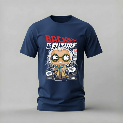 A navy blue short-sleeve t-shirt with a graphic print of a cartoon character resembling Albert Einstein, with the text 'BACK TO THE FUTURE' in red and white, displayed on a neutral gray background.
