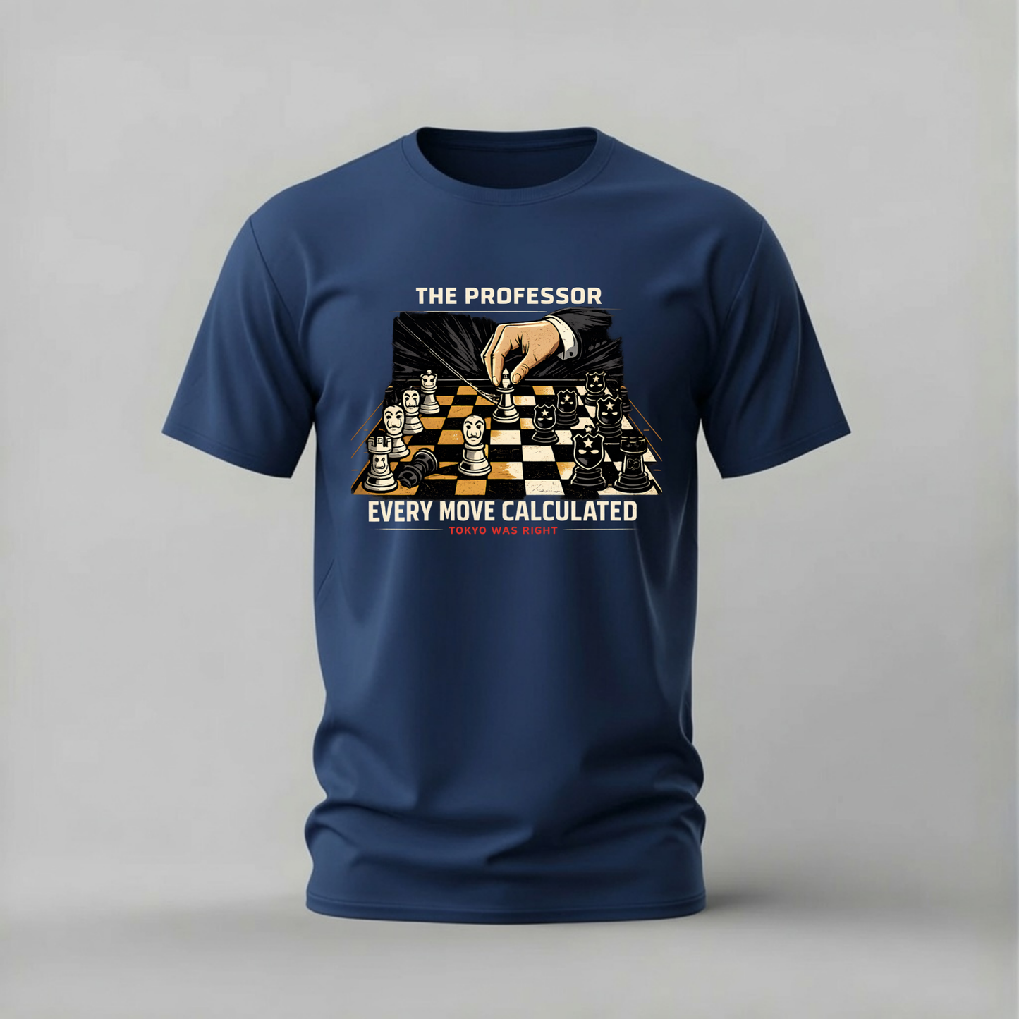 A navy blue short-sleeve t-shirt with a graphic print of a chessboard and a hand, featuring the text 'THE PROFESSOR EVERY MOVE CALCULATED' on a light gray background.