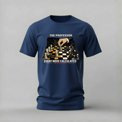 A navy blue short-sleeve t-shirt with a graphic print of a chessboard and a hand, featuring the text 'THE PROFESSOR EVERY MOVE CALCULATED' on a light gray background.