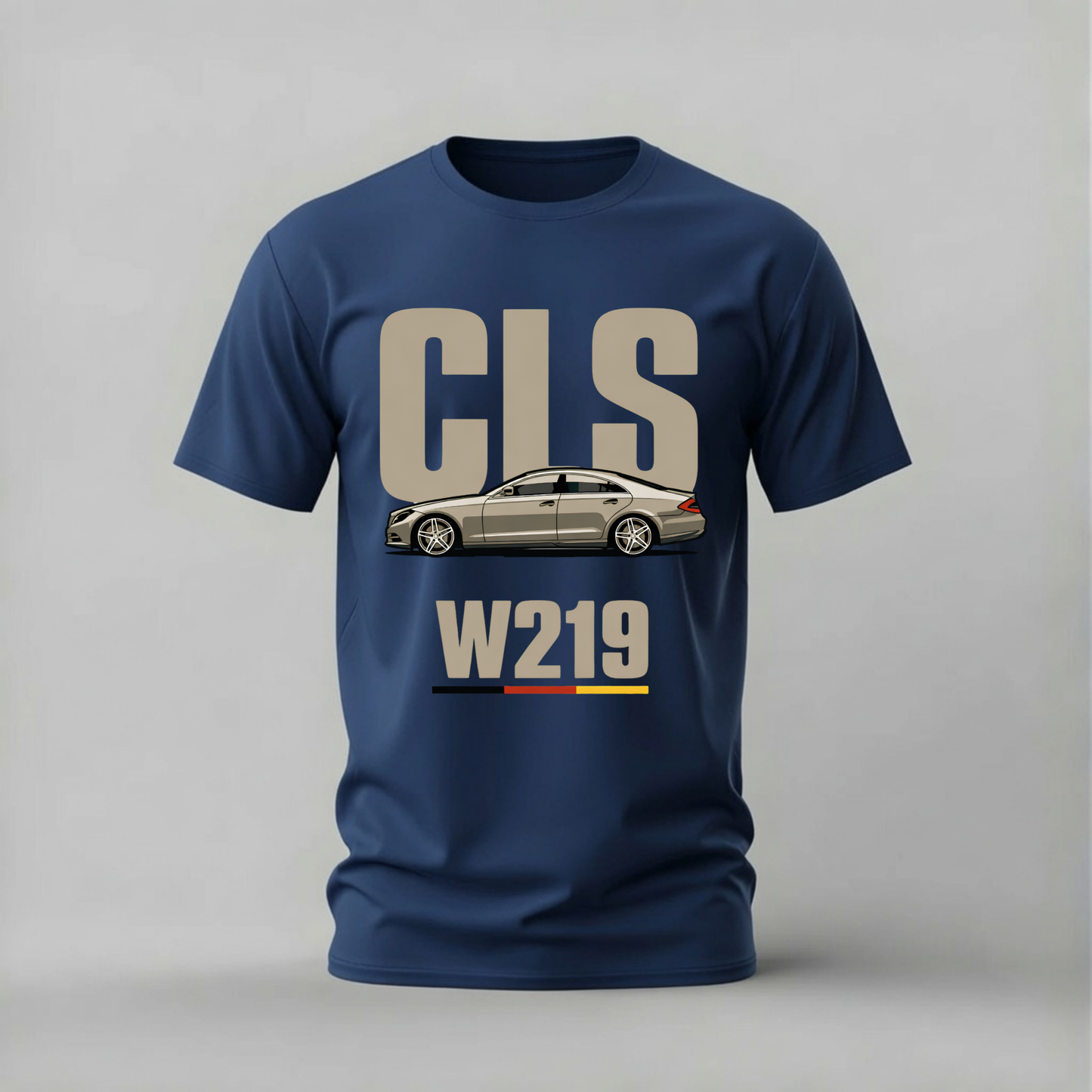 A navy blue short-sleeve t-shirt with a graphic print of a silver Mercedes-Benz CLS W219 car and the text 'CLS' and 'W219' in beige, shown against a neutral gray background.