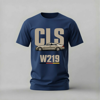 A navy blue short-sleeve t-shirt with a graphic print of a silver Mercedes-Benz CLS W219 car and the text 'CLS' and 'W219' in beige, shown against a neutral gray background.