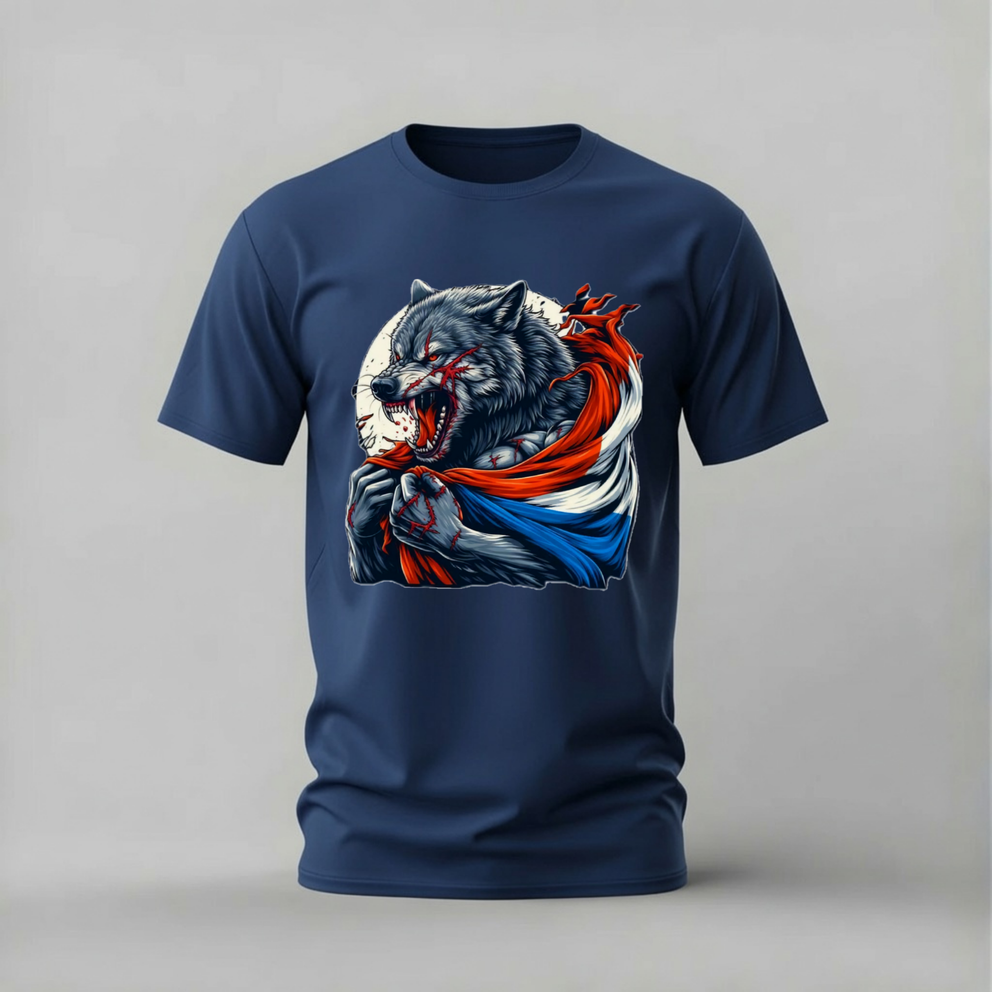 A navy blue short-sleeve t-shirt with a graphic print of a snarling wolf wrapped in a red, white, and blue scarf, shown against a neutral gray background.