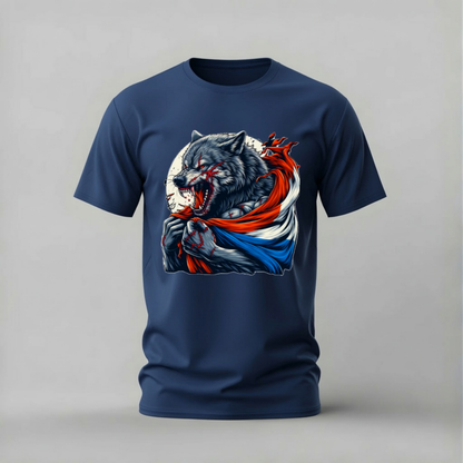 A navy blue short-sleeve t-shirt with a graphic print of a snarling wolf wrapped in a red, white, and blue scarf, shown against a neutral gray background.