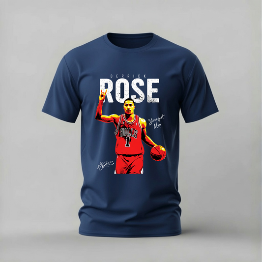 A navy blue short-sleeve t-shirt with a graphic print of basketball player Derrick Rose in a red Chicago Bulls jersey, featuring his name and signature on a light gray background.