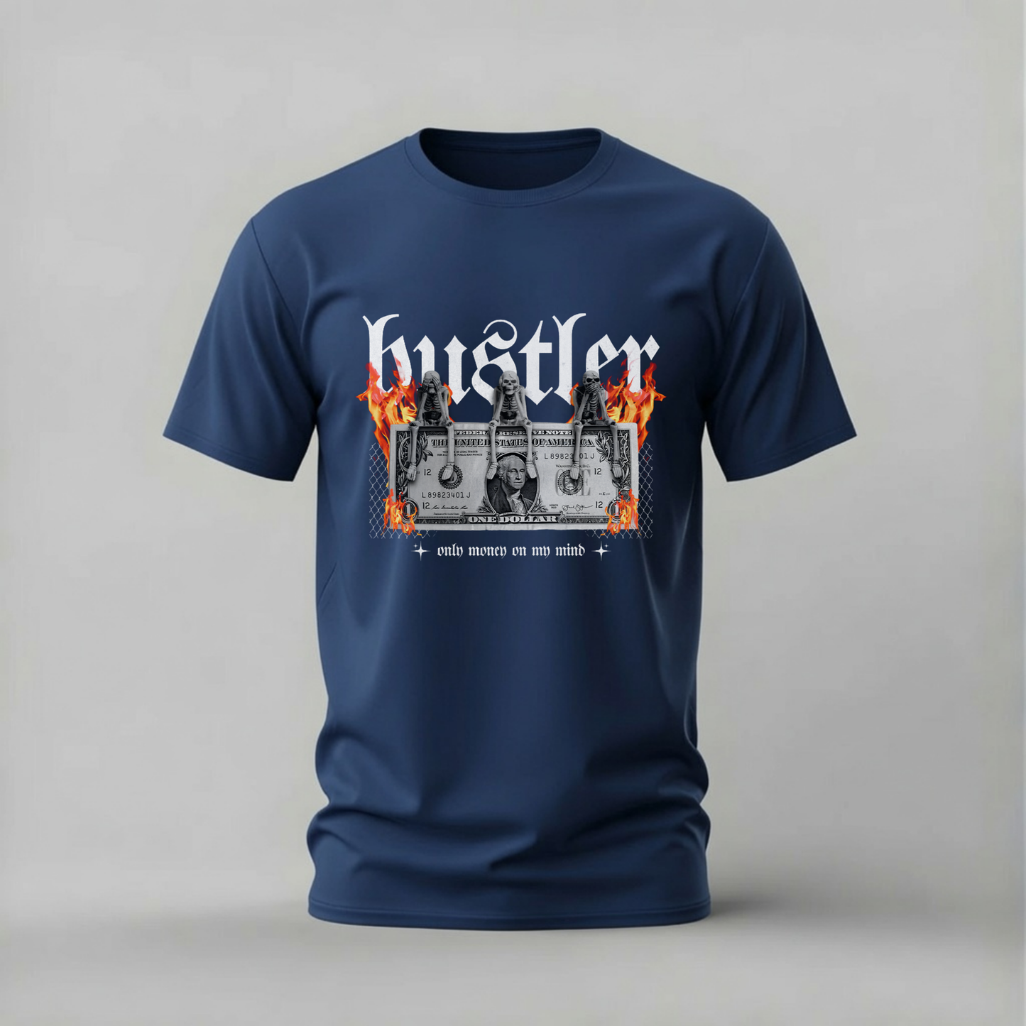 A navy blue short-sleeve t-shirt with a graphic print on the front. The graphic features the word 'hustler' in a white gothic font, flanked by orange flames, above a grayscale image of a person holding a microphone, with the text 'with money you can build' below.