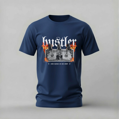 A navy blue short-sleeve t-shirt with a graphic print on the front. The graphic features the word 'hustler' in a white gothic font, flanked by orange flames, above a grayscale image of a person holding a microphone, with the text 'with money you can build' below.