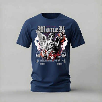 A navy blue short-sleeve t-shirt with a large graphic print on the front, featuring a winged angel, the text 'Move It', and red and white accents, shown against a neutral gray background.