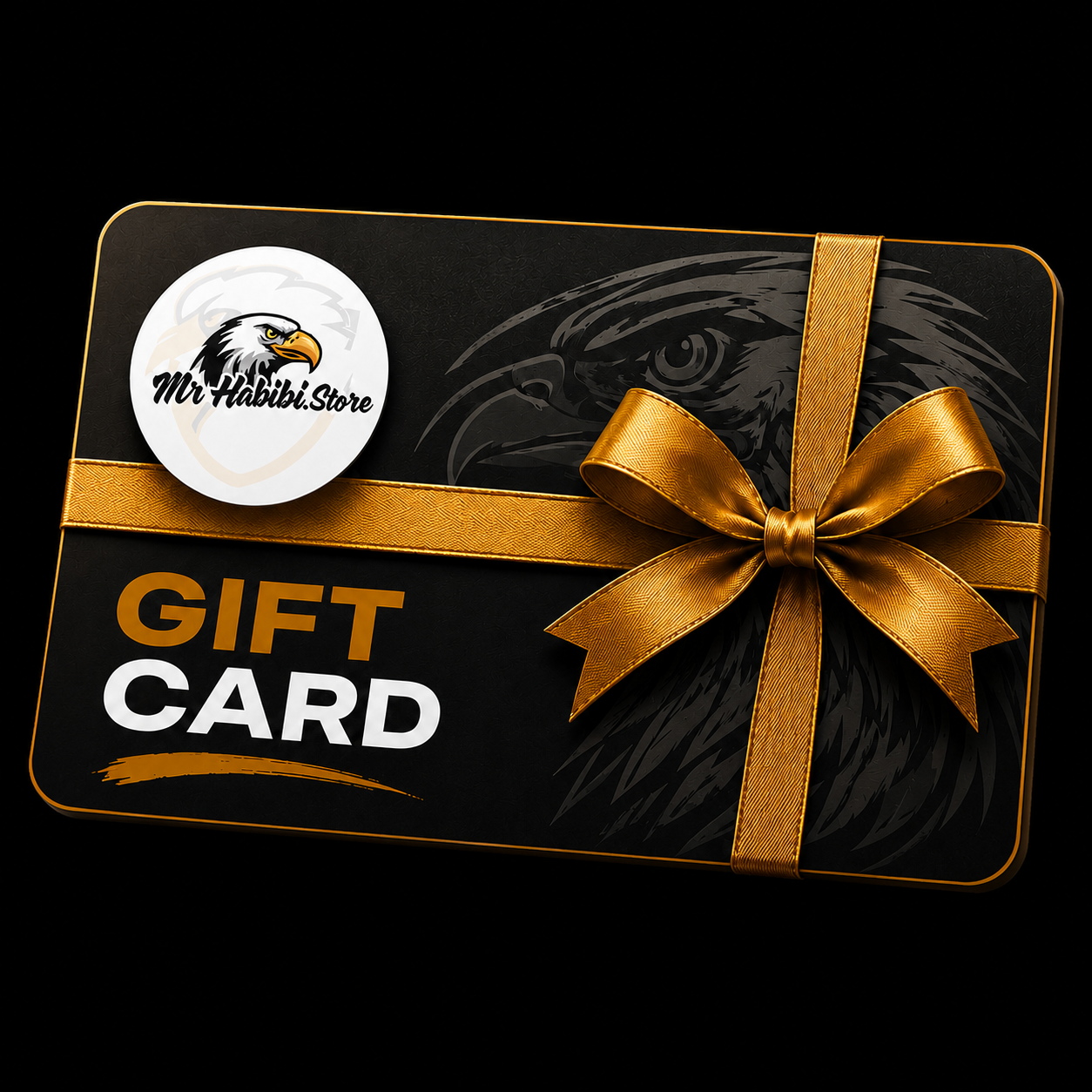 A rectangular gift card with rounded corners, shown on a black background. The card is black with a large gold ribbon and bow, plus the text 'GIFT CARD' and a circular logo reading 'Mr Habbibi Store' with an eagle illustration.